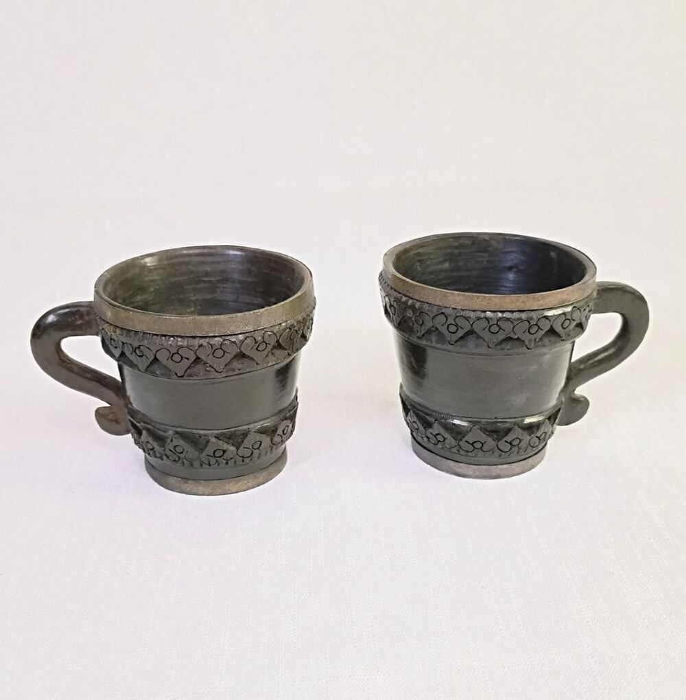 Set Of 2 Rustic Carved Clay Teacups Metal Rims Heart Design Metallic Glaze